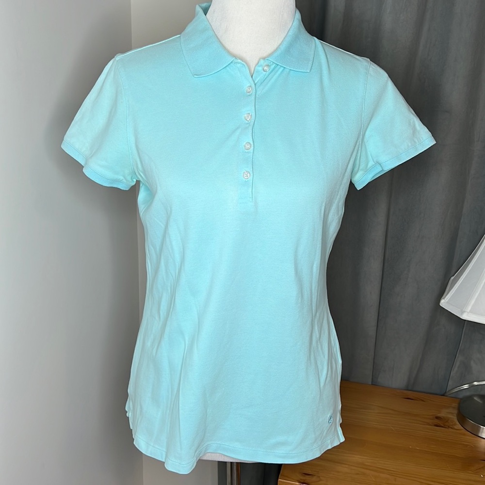 Good used condition IZOD women short sleeve aqua turquoise blue polo shirt